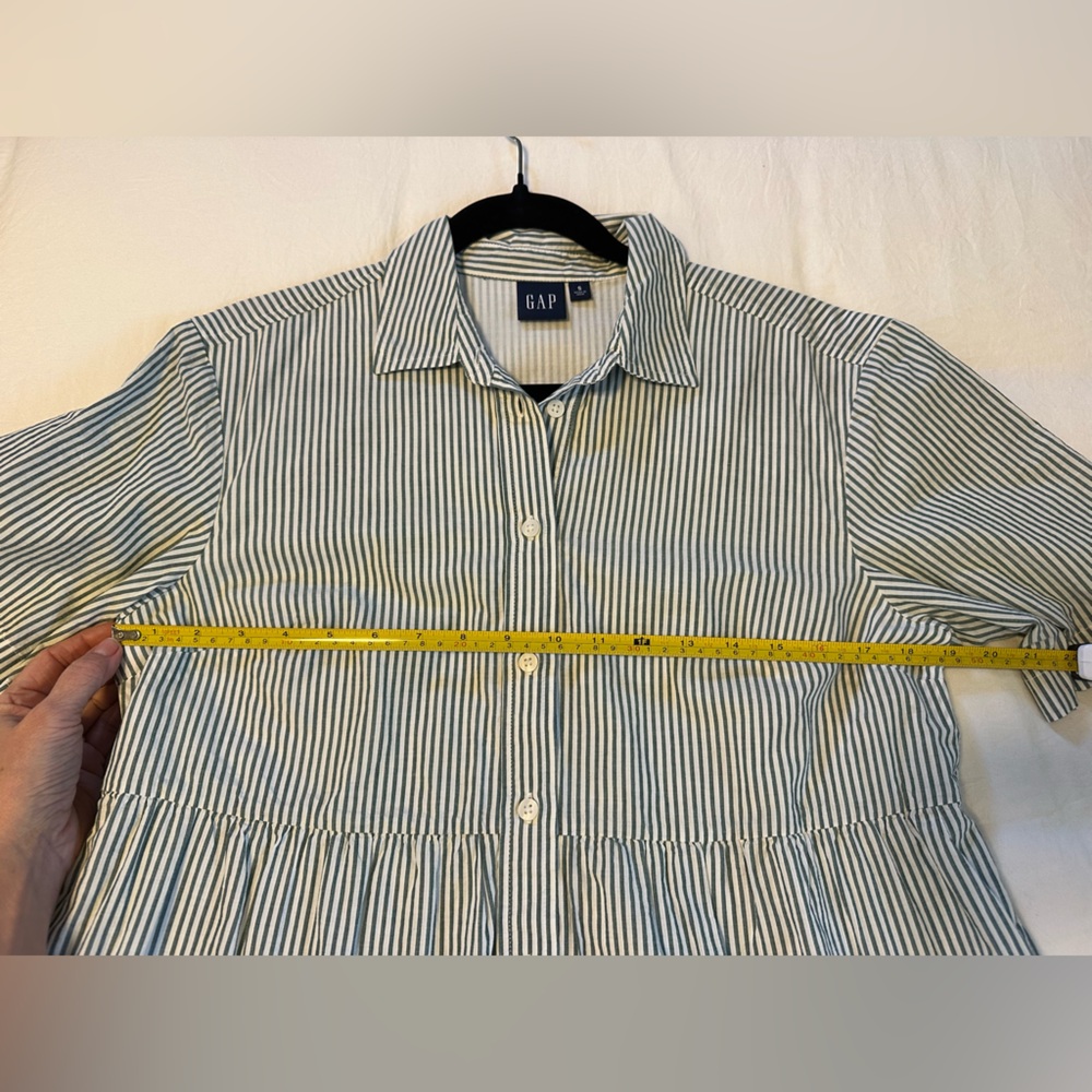 GAP Short Sleeved Button Tiered Mini Olive Green Striped Shirt Dress Size Small - Picture 6 of 10